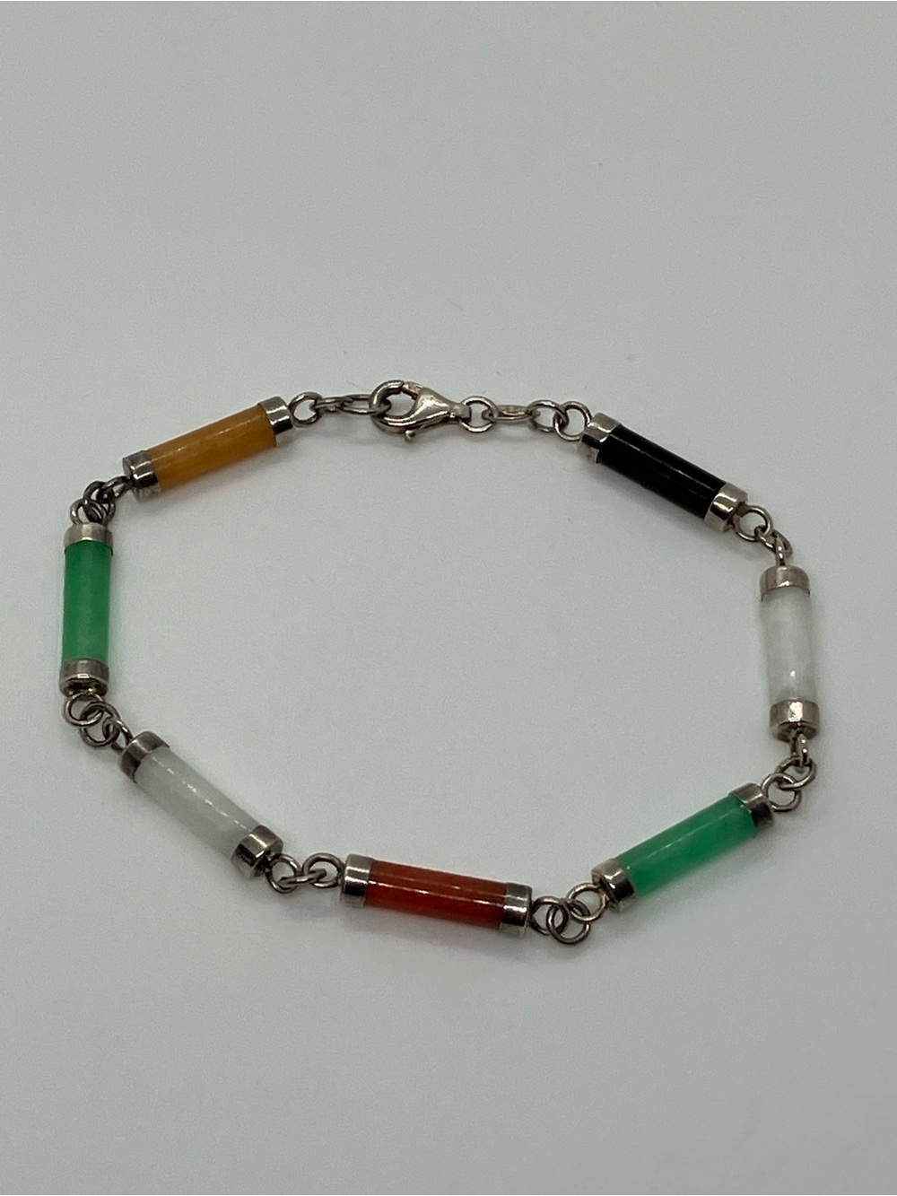 Vtg 925 Sterling Silver Multi Color Gemstone Tube Bar Link Bracelet | 7.4”